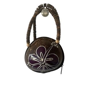 Boho Coconut Shell Mini Purse Hand-Painted Purple Flower, Lined Zip Bag